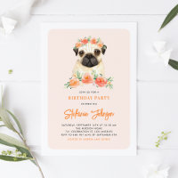 Invitación de cumpleaños floral de Watercolor Pug 