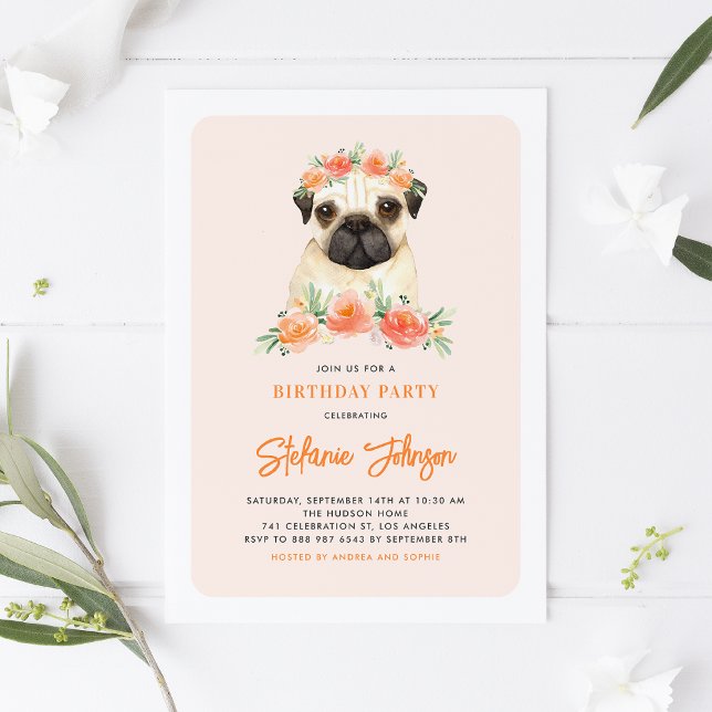 Invitación de cumpleaños floral de Watercolor Pug  (Subido por el creador)