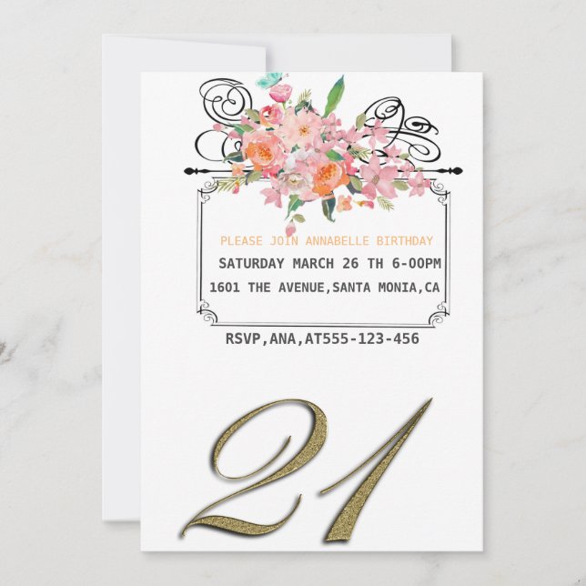 Invitación de cumpleaños floral desconocida (Anverso)