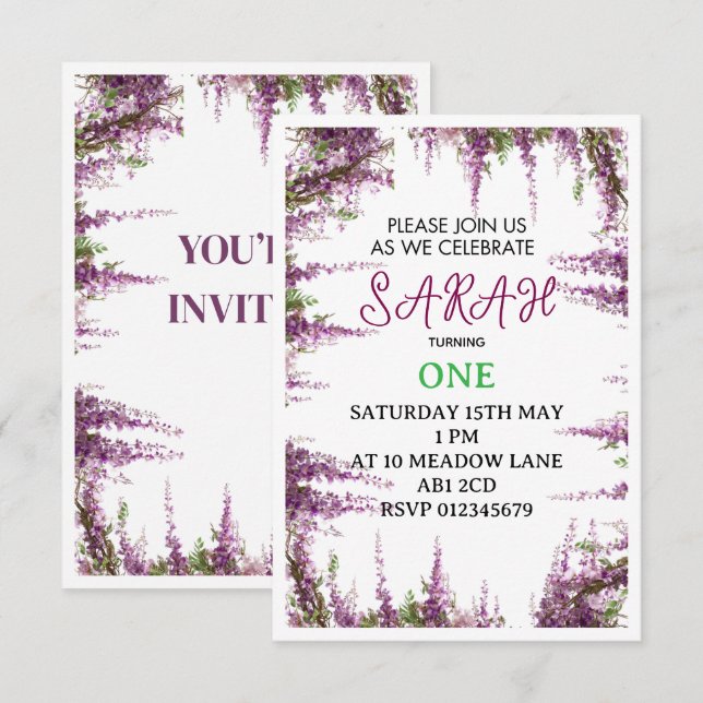 Invitación de cumpleaños floral editable para prim (Anverso / Reverso)