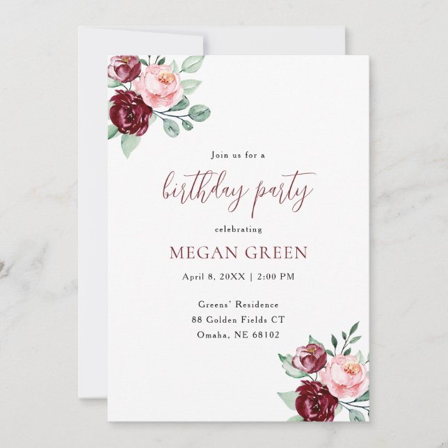 Invitación de cumpleaños floral elegante (Anverso)