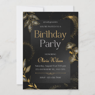 Invitación de cumpleaños floral elegante de negro 