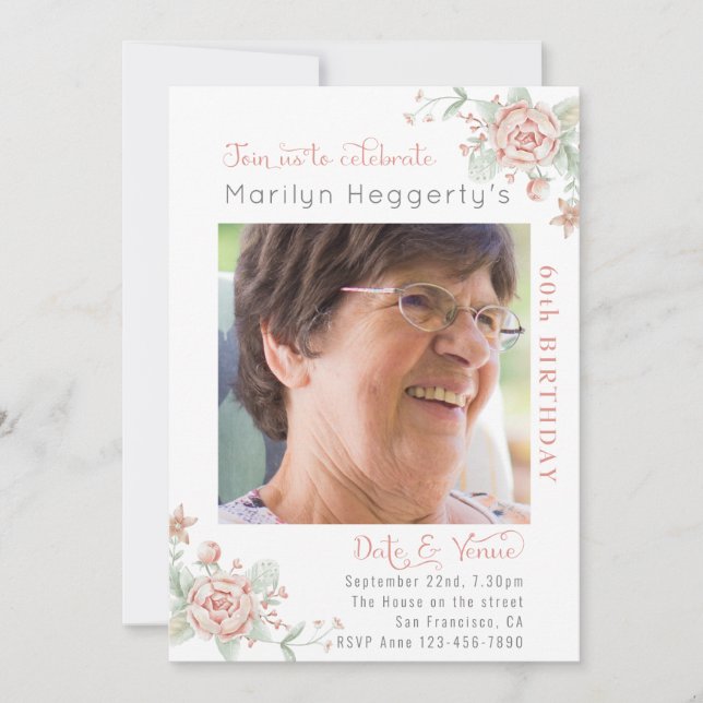 Invitación de cumpleaños floral femenina (Anverso)