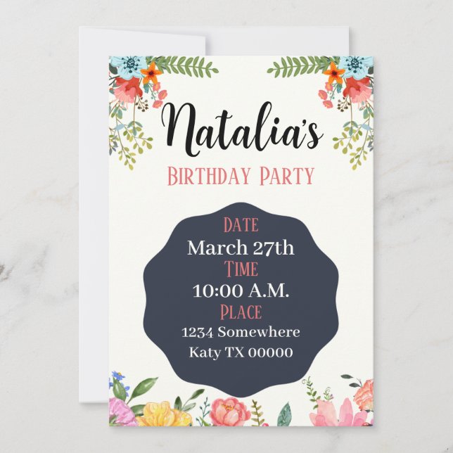 Invitación de cumpleaños, floral, fiesta, ducha, n (Anverso)