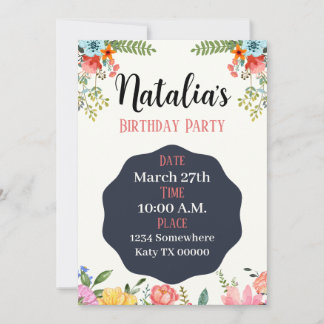 Invitación de cumpleaños, floral, fiesta, ducha, n