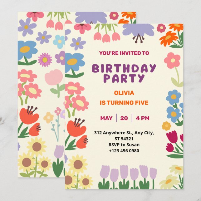 Invitación de Cumpleaños Floral Flor de Pastel par (Anverso / Reverso)
