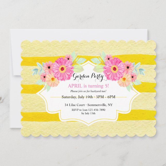 Invitación de cumpleaños floral Gold Stripes (Anverso)