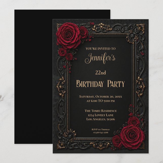Invitación de cumpleaños floral gótica (Anverso / Reverso)