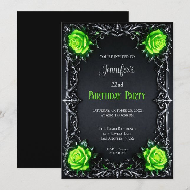 Invitación de cumpleaños floral gótica (Anverso / Reverso)