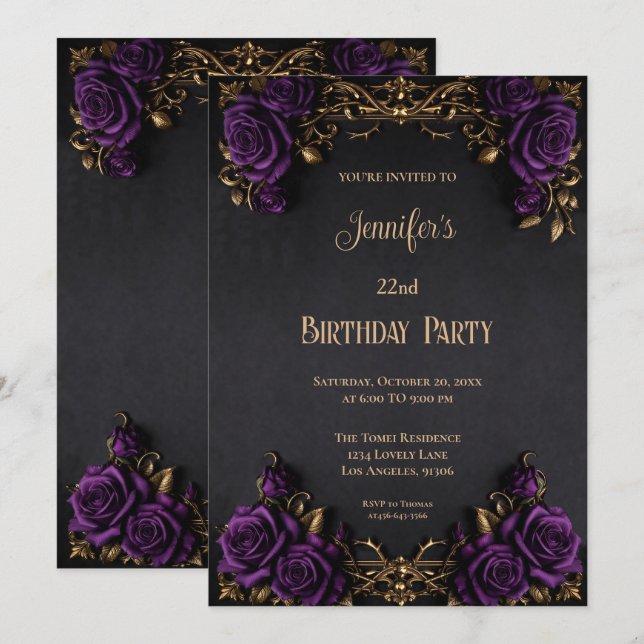 Invitación de cumpleaños floral gótica (Anverso / Reverso)