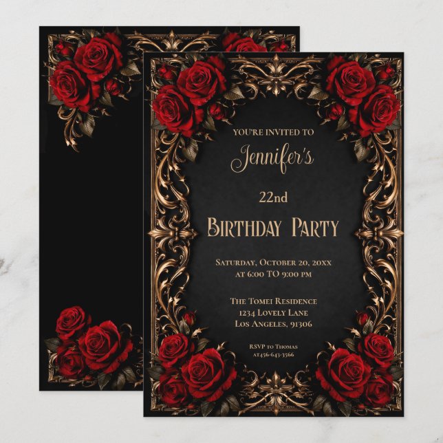 Invitación de cumpleaños floral gótica (Anverso / Reverso)
