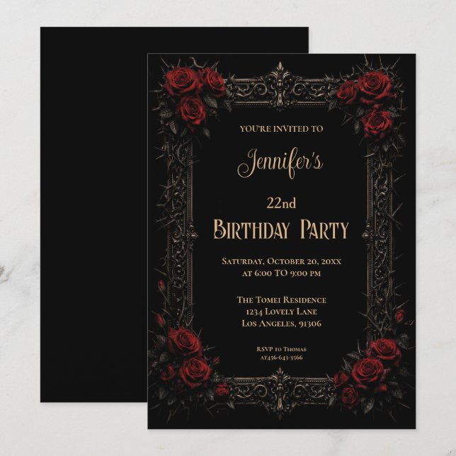 Invitación de cumpleaños floral gótica (Anverso / Reverso)
