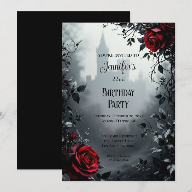 Invitación de cumpleaños floral gótica (Anverso / Reverso)