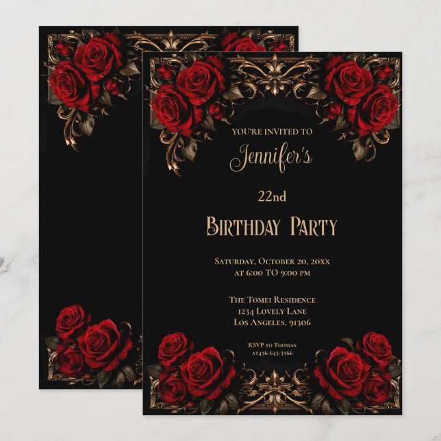 Invitación de cumpleaños floral gótica (Anverso / Reverso)