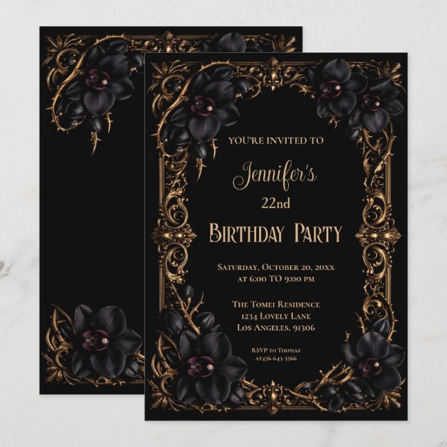 Invitación de cumpleaños floral gótica de orquídea (Anverso / Reverso)