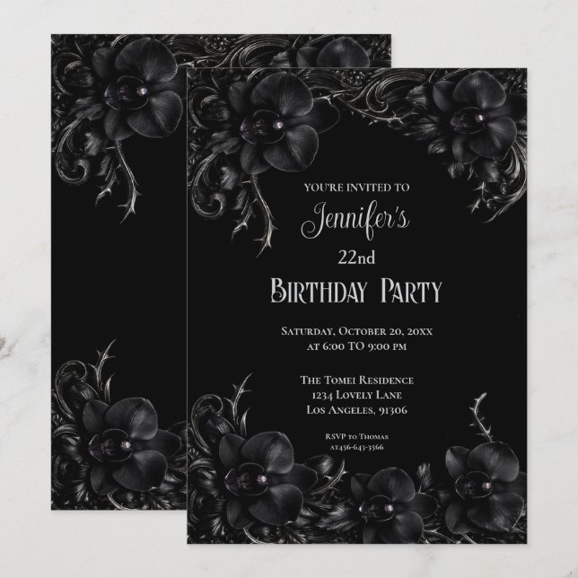 Invitación de cumpleaños floral gótica de orquídea (Anverso / Reverso)