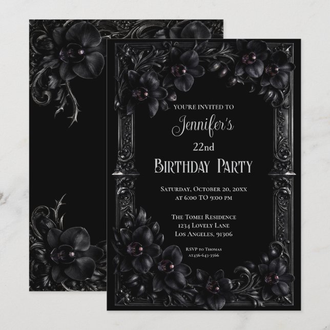 Invitación de cumpleaños floral gótica de orquídea (Anverso / Reverso)