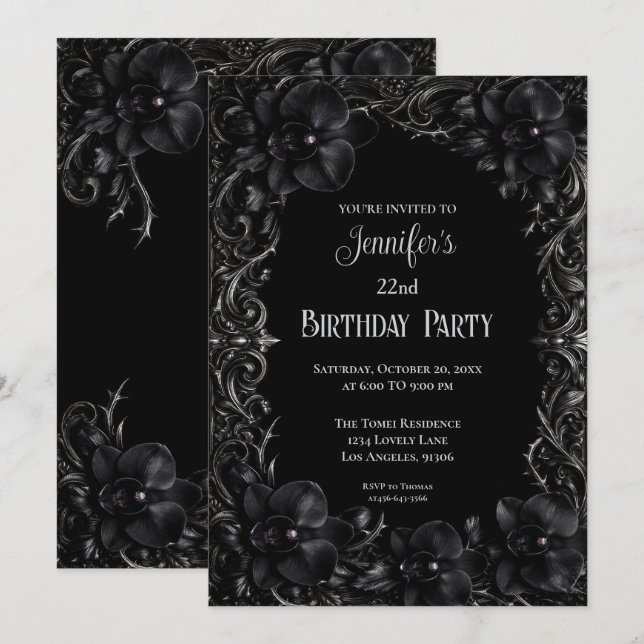Invitación de cumpleaños floral gótica de orquídea (Anverso / Reverso)