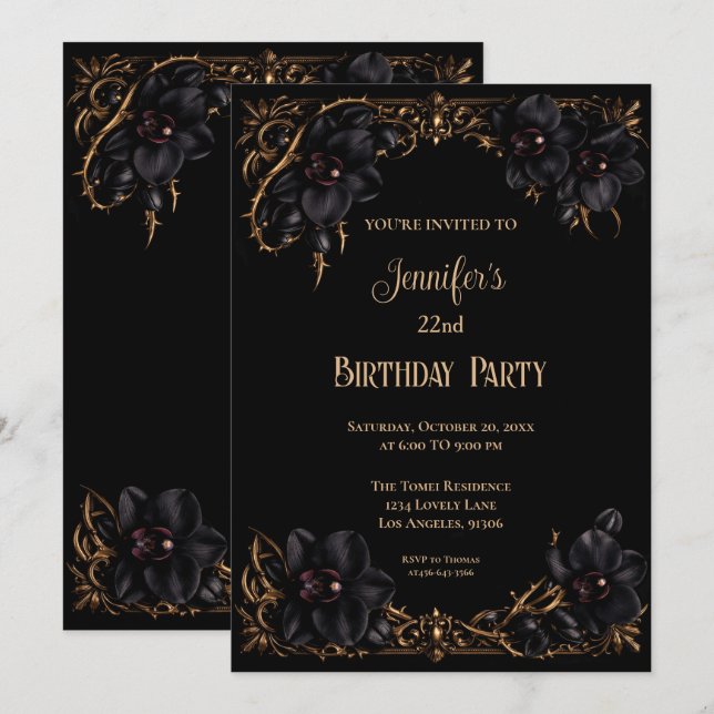 Invitación de cumpleaños floral gótica de orquídea (Anverso / Reverso)