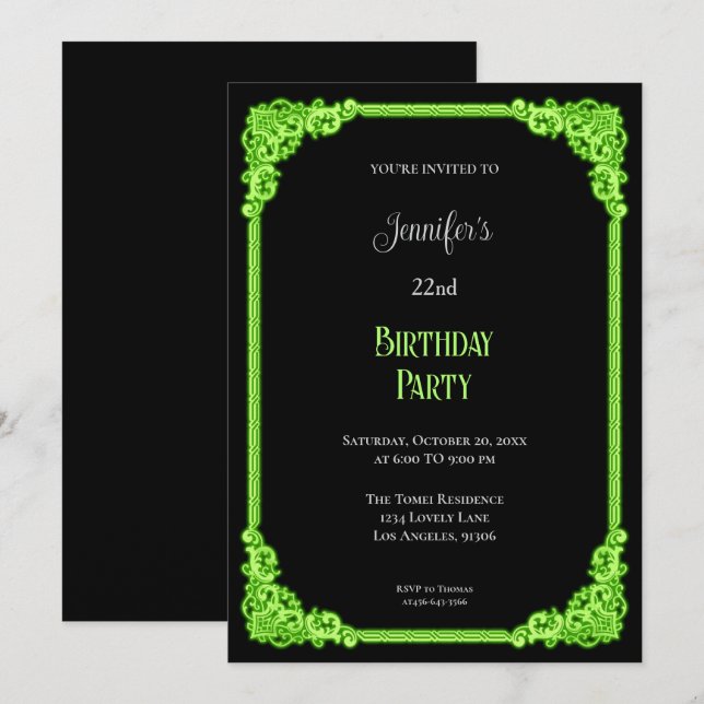 Invitación de cumpleaños floral gótica verde neón (Anverso / Reverso)