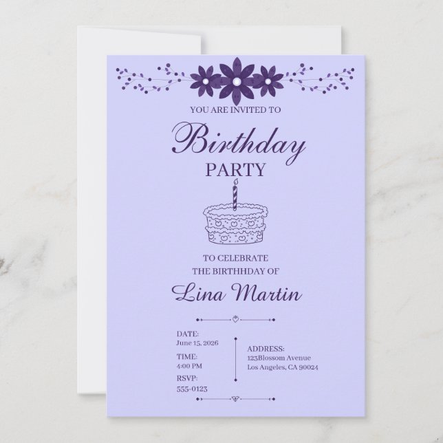 Invitación de cumpleaños floral lavanda (Anverso)