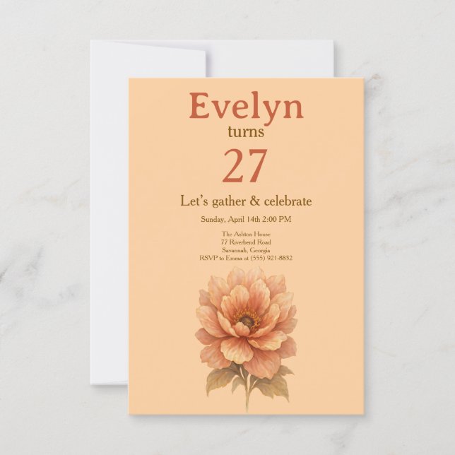 Invitación de cumpleaños floral melocotón elegante (Anverso)