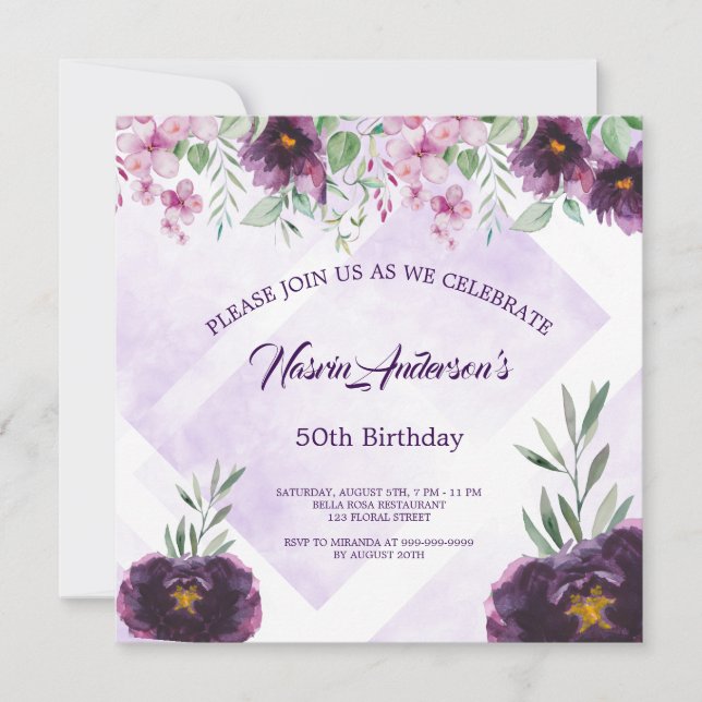 Invitación de cumpleaños floral morada elegante (Anverso)