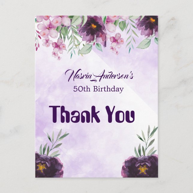 Invitación de cumpleaños floral morada elegante (Anverso)