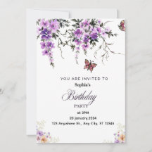 Invitación de cumpleaños floral morada personaliza