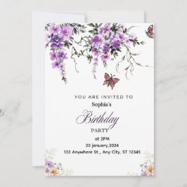 Invitación de cumpleaños floral morada personaliza