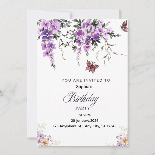 Invitación de cumpleaños floral morada personaliza (Anverso)