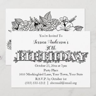 Invitación de cumpleaños floral negra blanca bonit