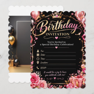 Invitación de cumpleaños floral negra y rosa 🌸