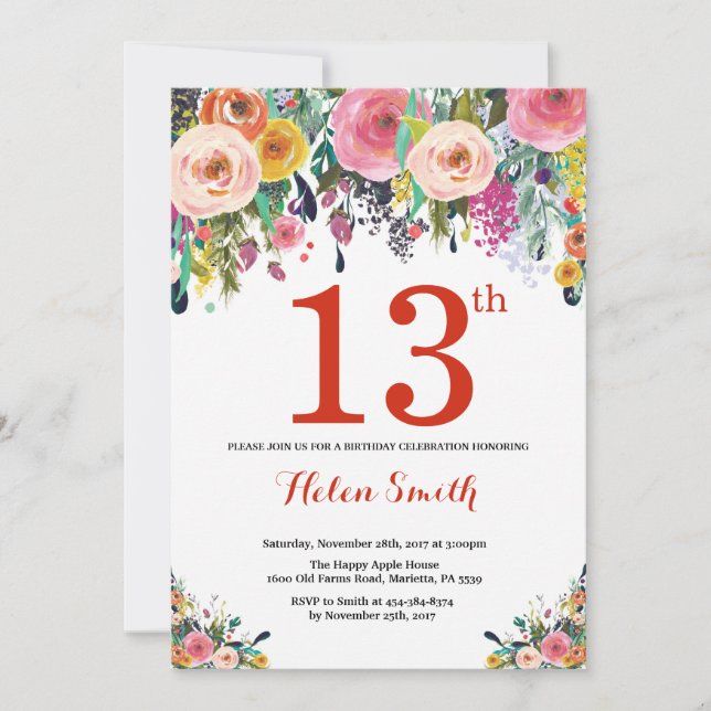 Invitación de cumpleaños floral número 13 roja (Anverso)