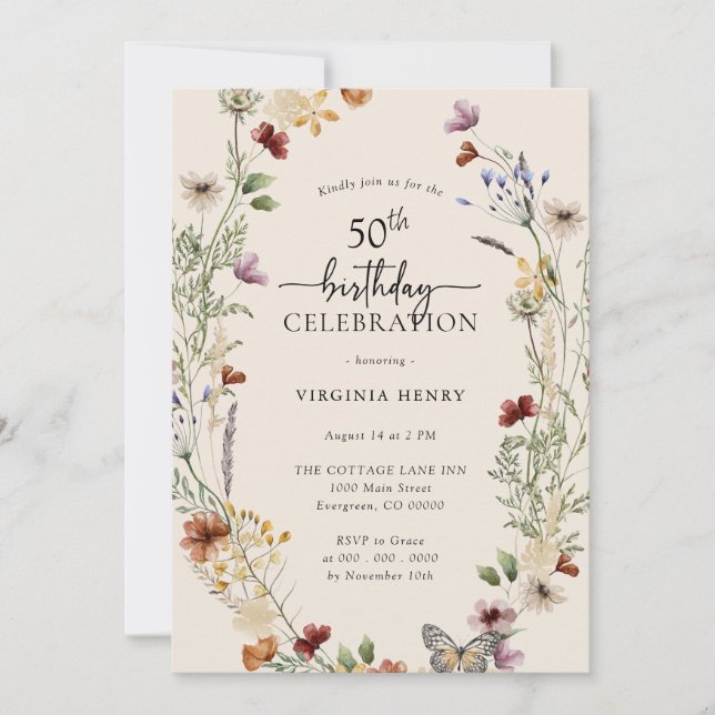 Invitación de cumpleaños floral número 50 (Anverso)