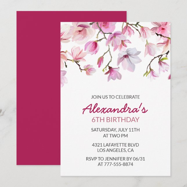Invitación de cumpleaños floral número 6 acuarela  (Anverso / Reverso)