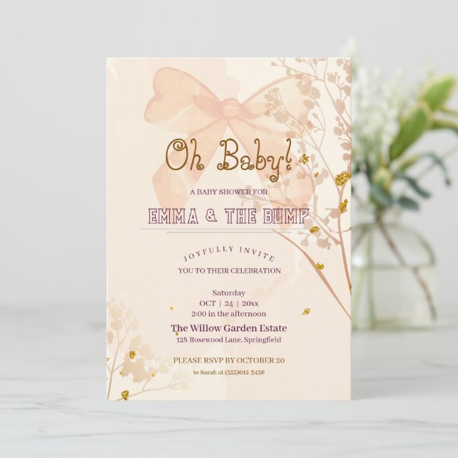 Invitación de Cumpleaños Floral Oh Baby Bow (Anverso de pie)