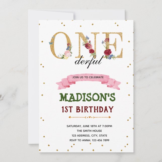 invitación de cumpleaños floral ONEderful (Anverso)