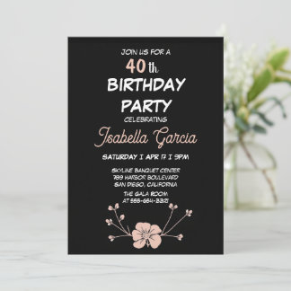 Invitación de cumpleaños floral oscura negra