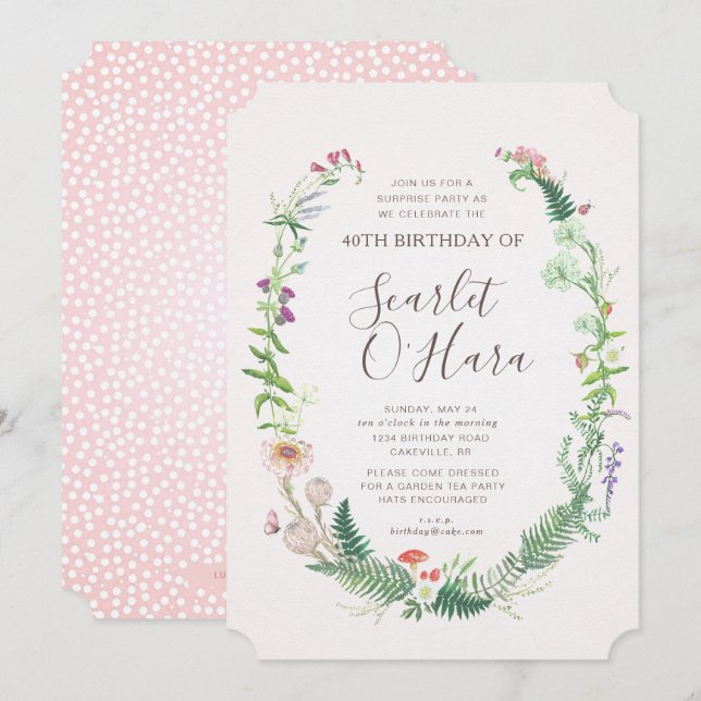Invitación de cumpleaños floral para adultos Cualq (Anverso / Reverso)