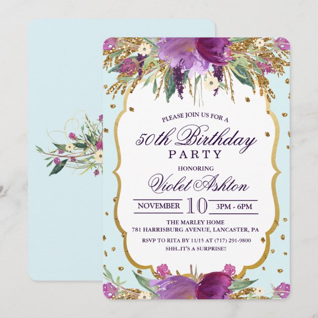 Invitación de cumpleaños floral para cualquier eda (Anverso / Reverso)