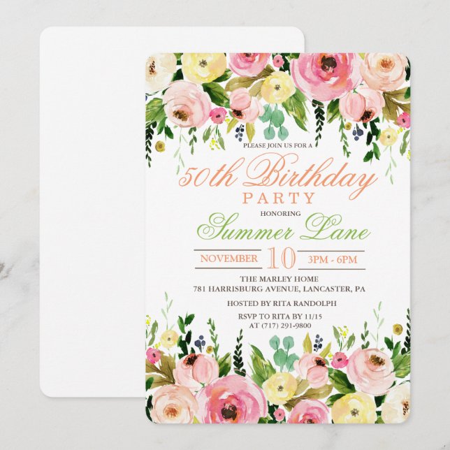 INVITACIÓN DE CUMPLEAÑOS FLORAL PARA CUALQUIER EDA (Anverso / Reverso)