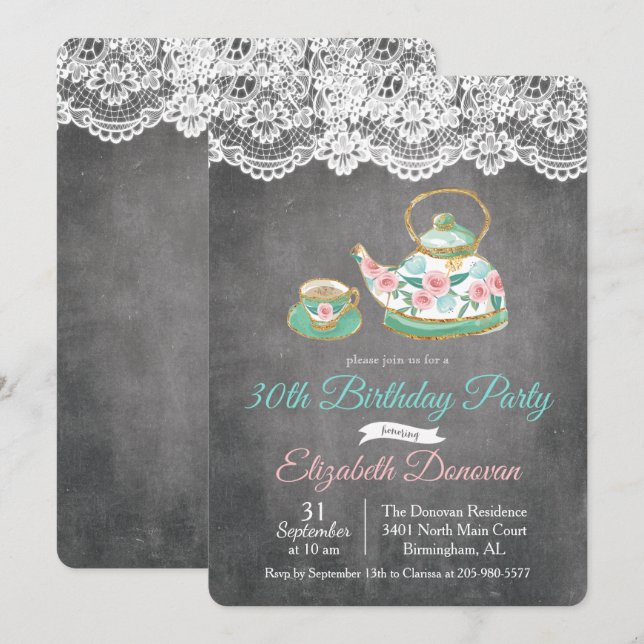 Invitación de cumpleaños floral para fiesta de té  (Anverso / Reverso)