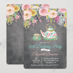 Invitación de cumpleaños floral para fiesta de té