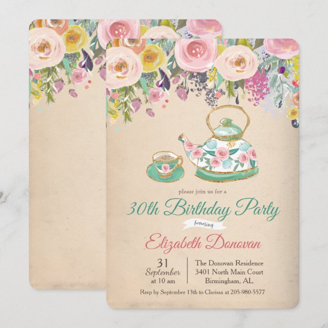 Invitación de cumpleaños floral para fiesta de té  (Anverso / Reverso)