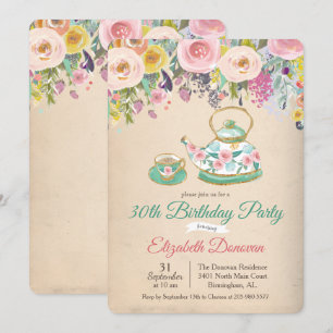 Invitación de cumpleaños floral para fiesta de té