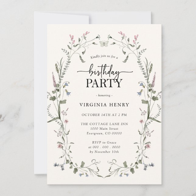 Invitación de cumpleaños floral pastel (Anverso)