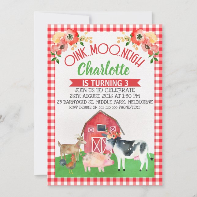 Invitación de cumpleaños floral Plaid Barnyard (Anverso)