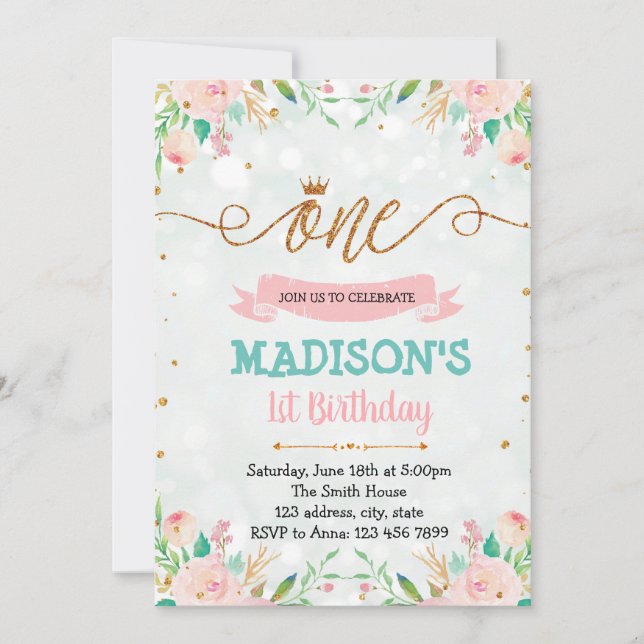 invitación de cumpleaños floral primero (Anverso)