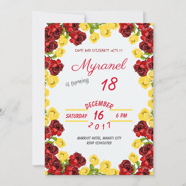 Invitación de cumpleaños floral roja y amarilla (Anverso)